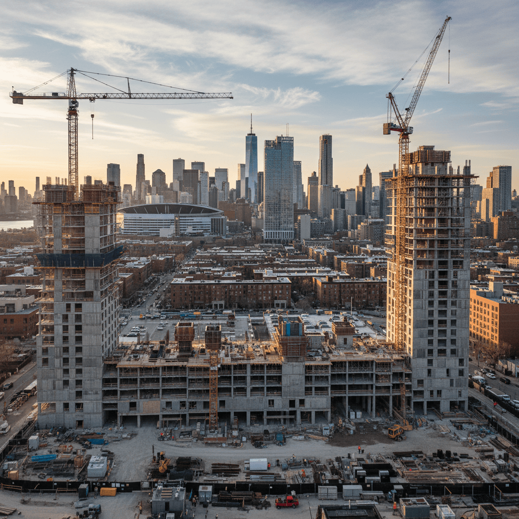 Panoramablick auf den Pacific Park in Brooklyn mit Baukränen und Gebäuden.