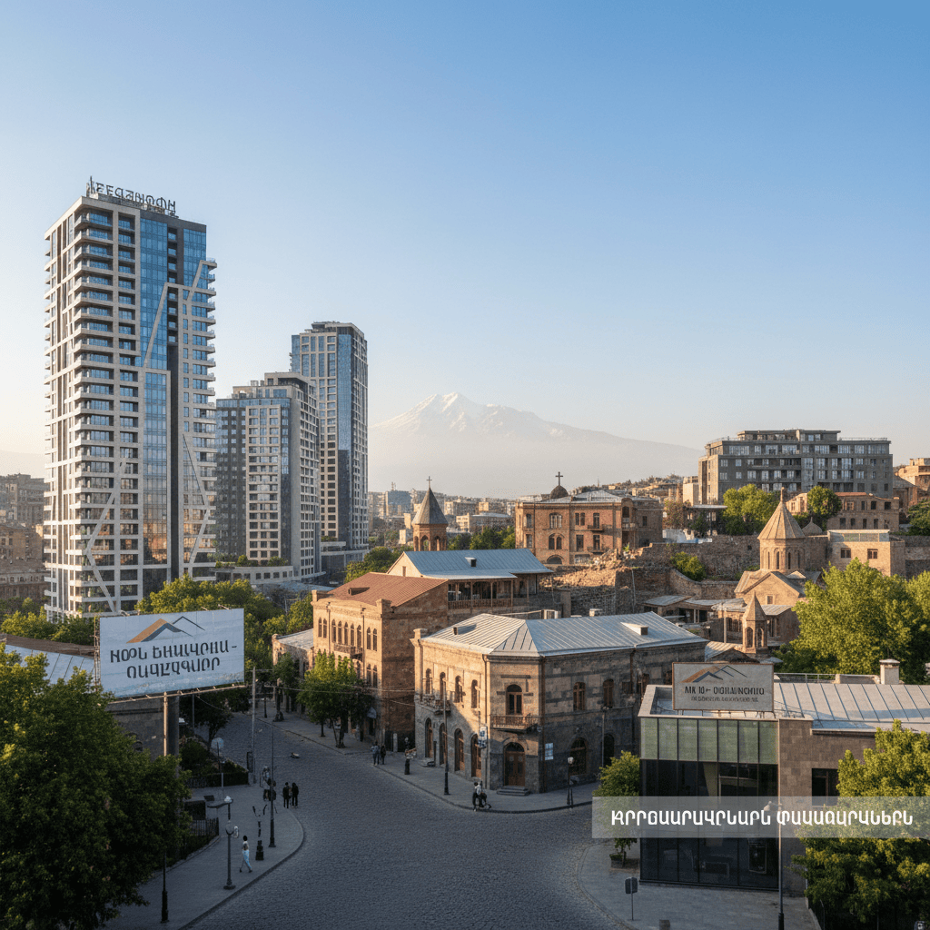An urban landscape in Armenia showcasing diverse real estate properties, both modern and traditional.
