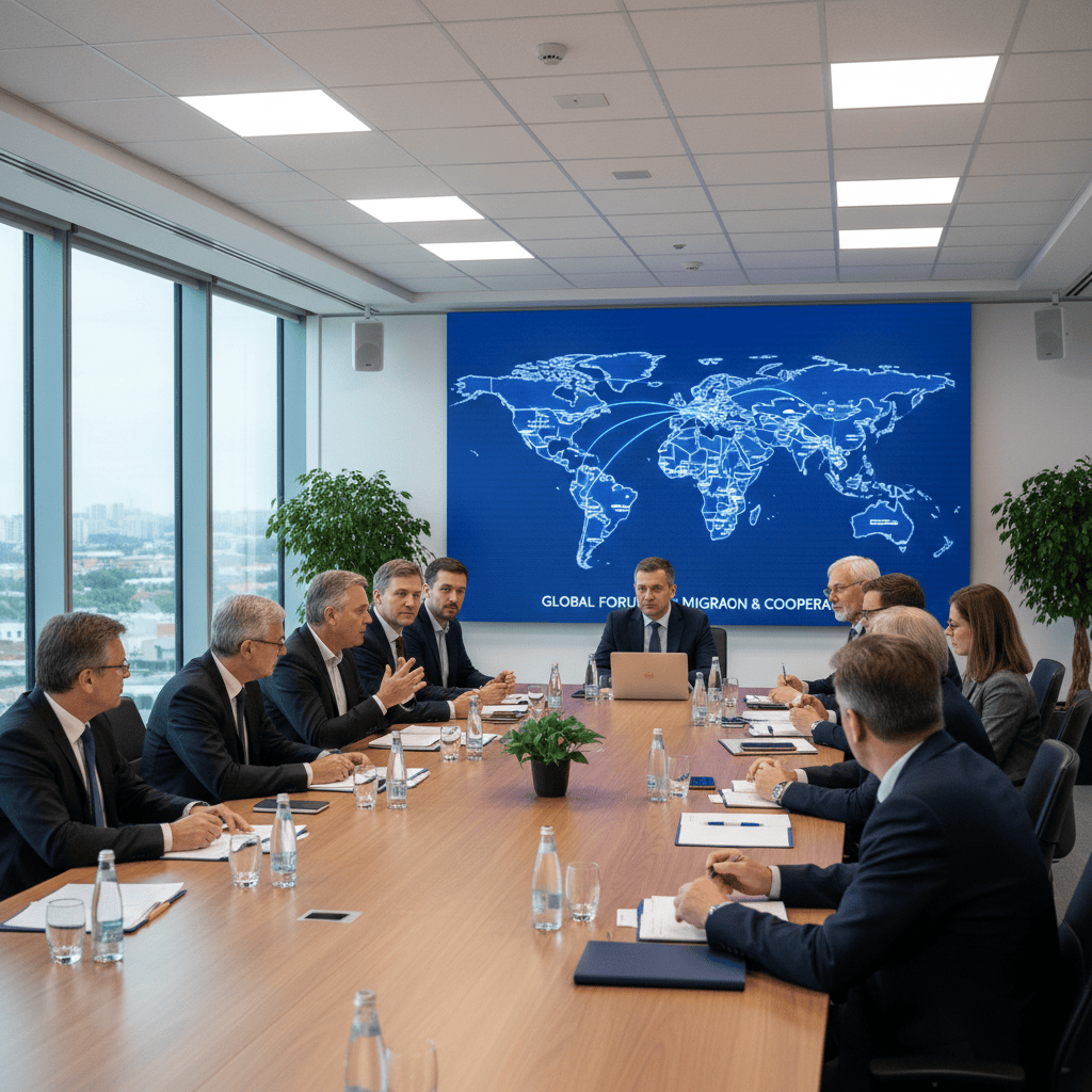 Vergaderkamer met diverse professionele persone wat migrasiebeleid bespreek.