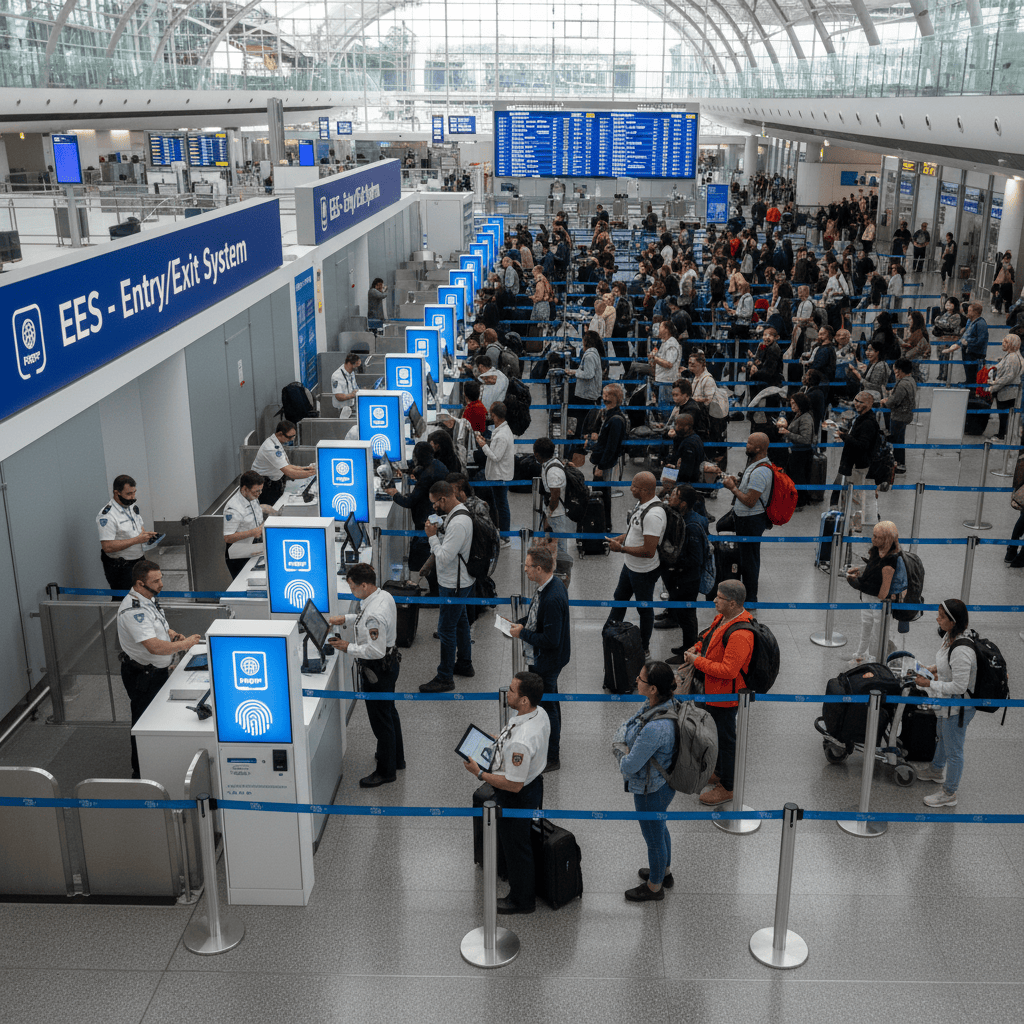 Viajeros haciendo fila en el control fronterizo de un aeropuerto con equipo biométrico visible.