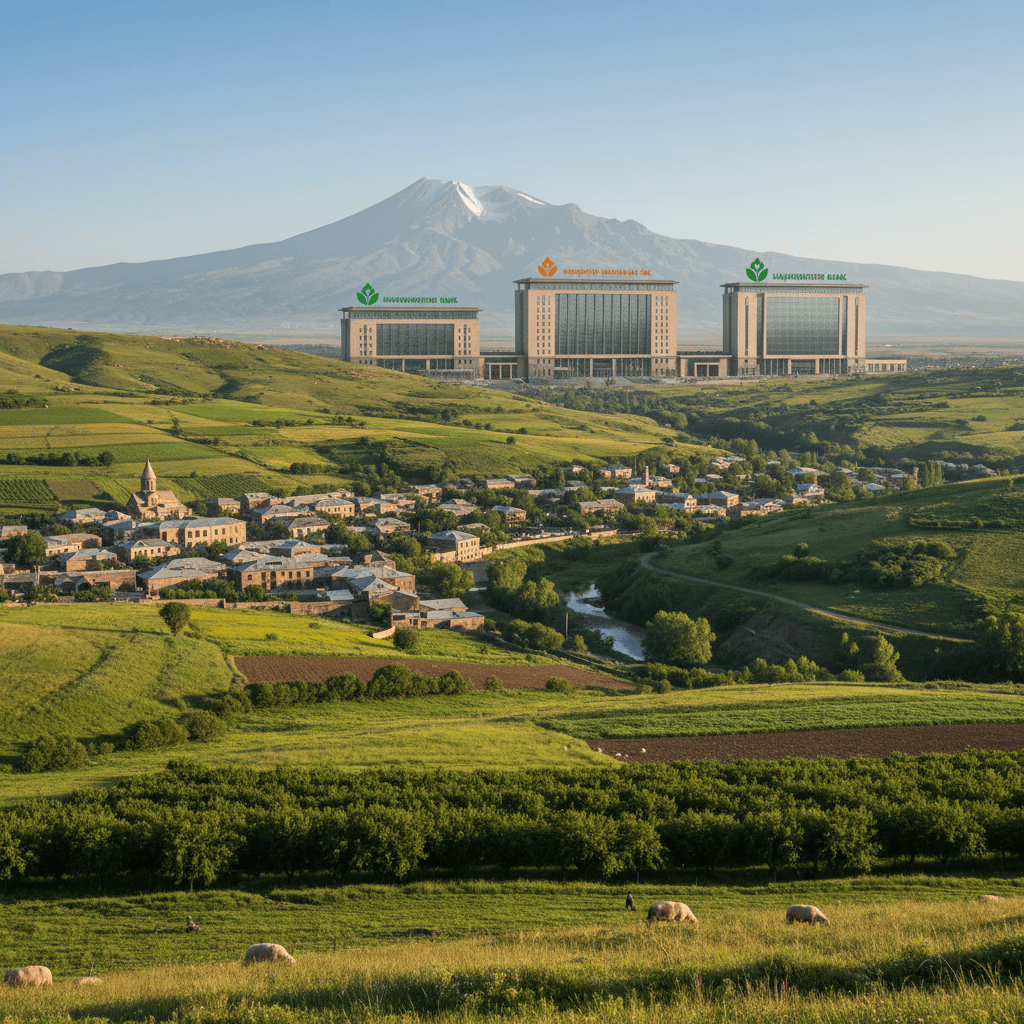 'n Skilderagtige uitsig oor heuwels en 'n dorpie, met bankgeboue in die agtergrond, wat finansiële stabiliteit verteenwoordig.