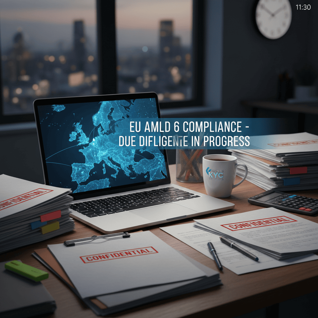 Kontorilaud finantsdokumentidega, sülearvuti ELi kaardiga ja kohvitass.