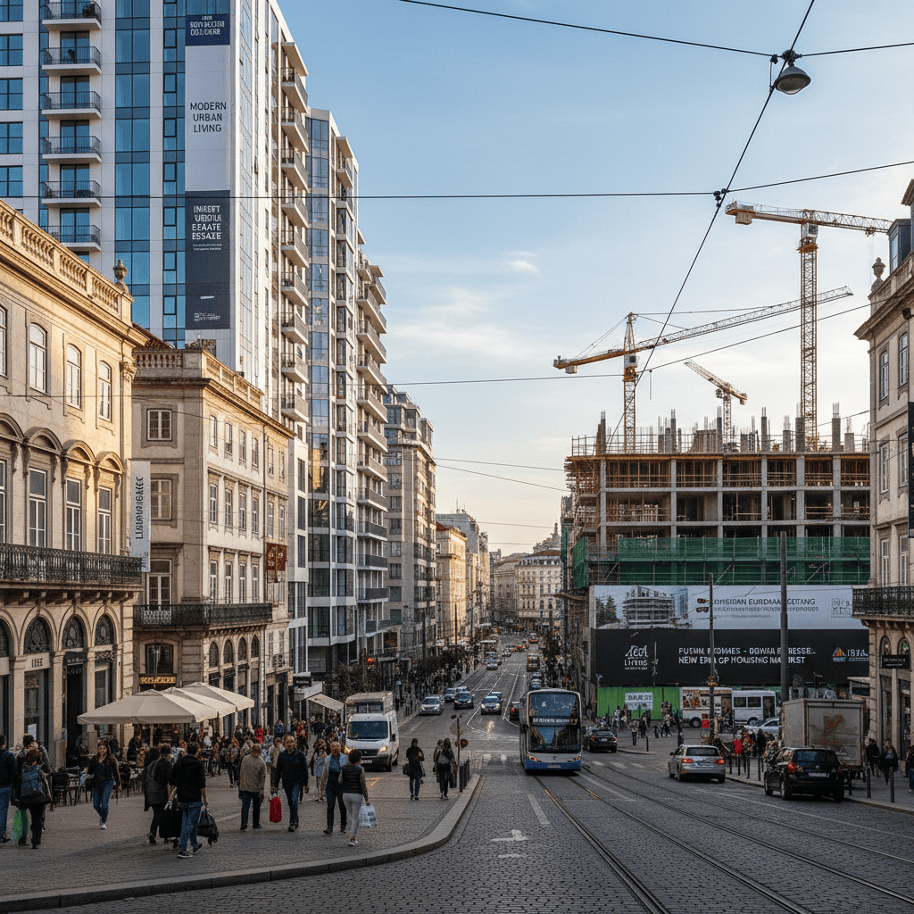 Concurrida calle urbana europea con edificios modernos y tradicionales, que reflejan el desarrollo inmobiliario.