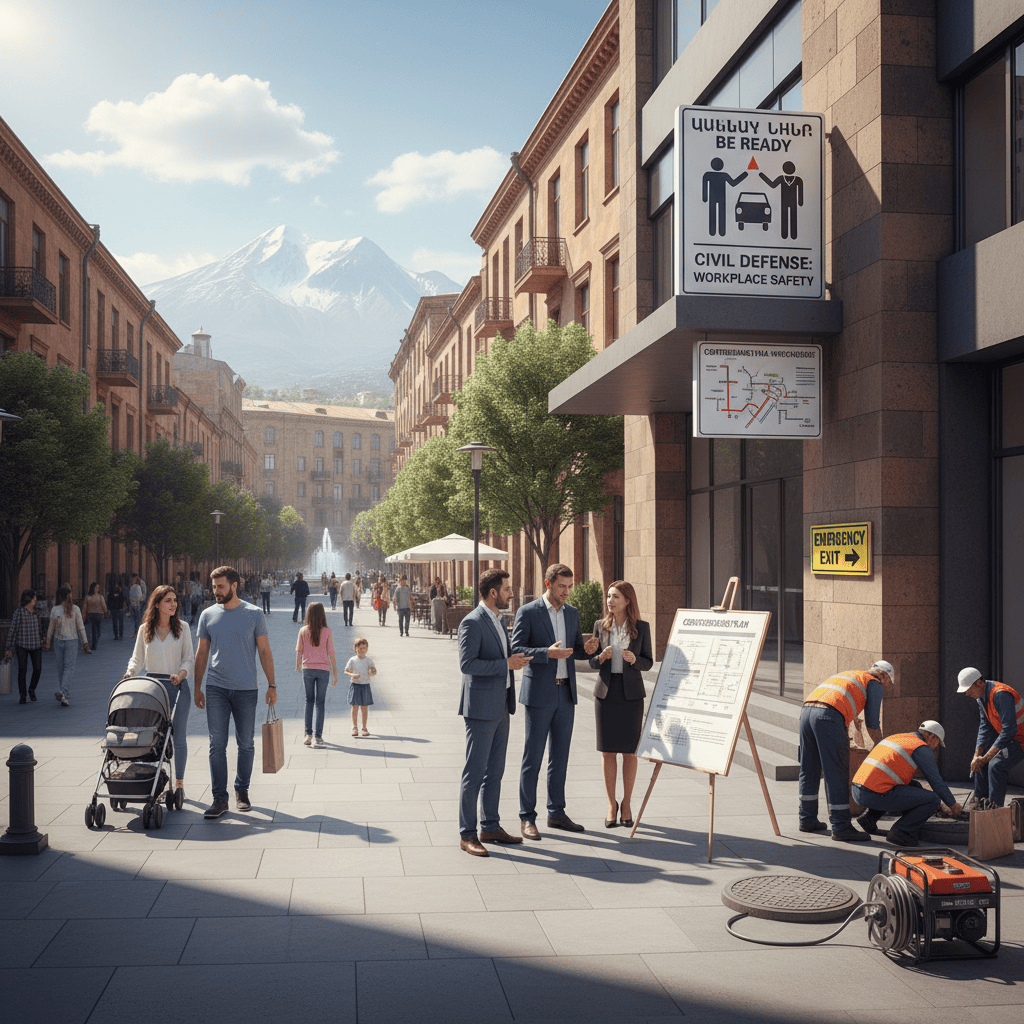 Street scene in Yerevan with signs of civil defense preparedness and workers discussing plans.