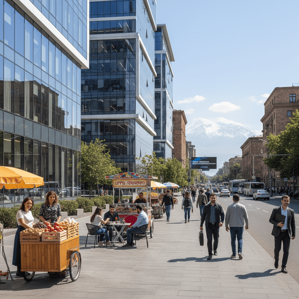 Una calle muy transitada de Ereván, con arquitectura moderna y negocios locales florecientes.