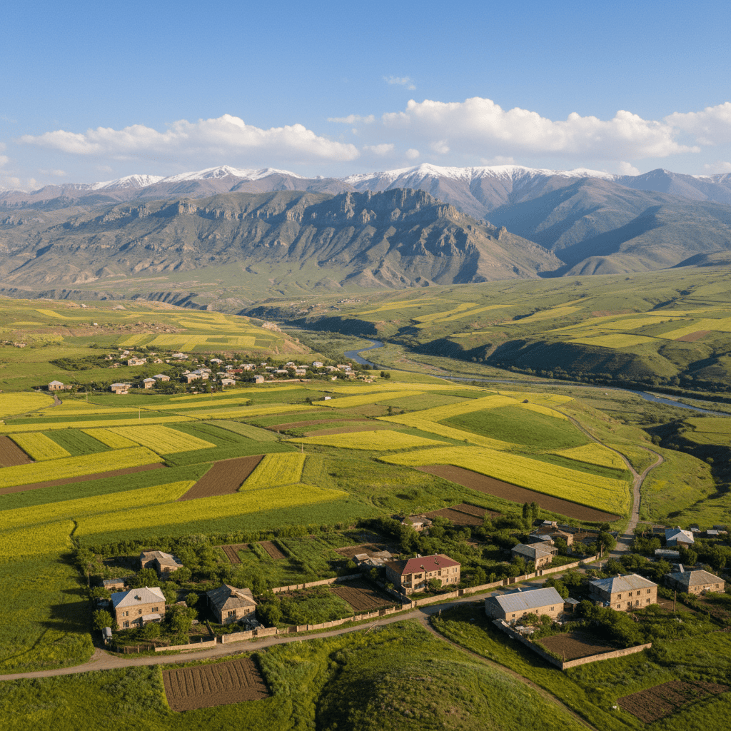 Vista panorâmica da paisagem armênia com terras agrícolas e montanhas ao fundo.