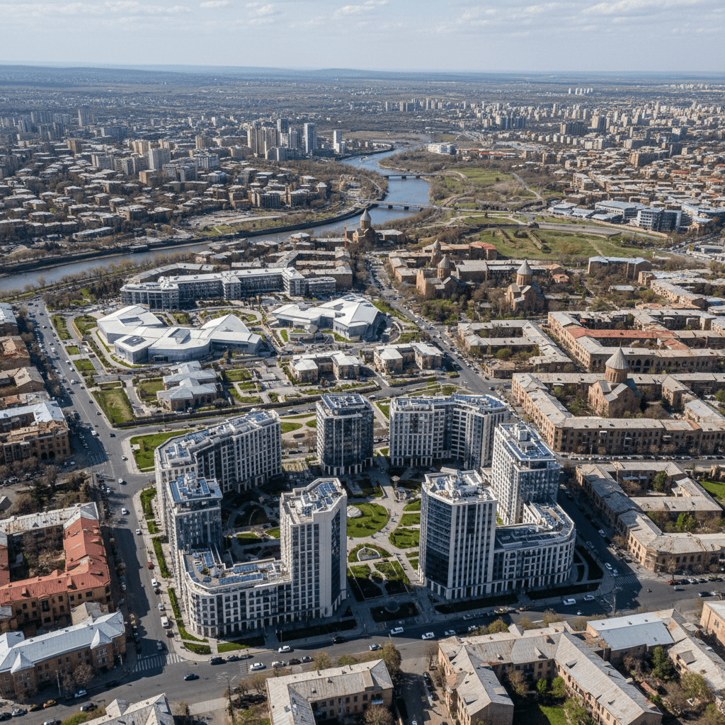 Vista aerea dell'architettura moderna e tradizionale in Armenia che mette in mostra lo sviluppo urbano.