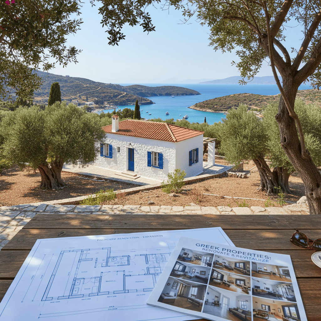 Traditional Greek villa with olive trees and hills, highlighting potential real estate investments.
