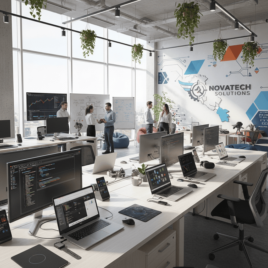 Uma vista interna de um escritório armênio contemporâneo projetado para startups de tecnologia.