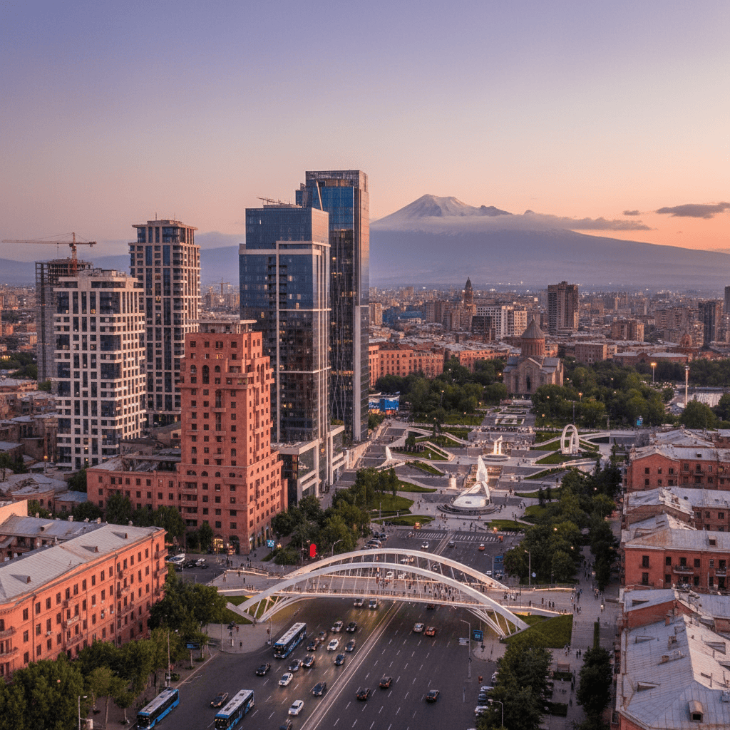 Cityscape of Yerevan showing modern buildings and traditional Armenian architecture.