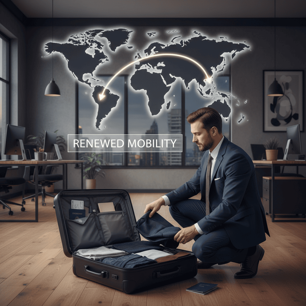 Business traveler packing a suitcase in an office with a map background.