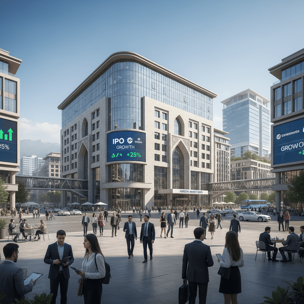 A vibrant financial district in Armenia with the Stock Exchange building in focus, symbolizing economic activity.