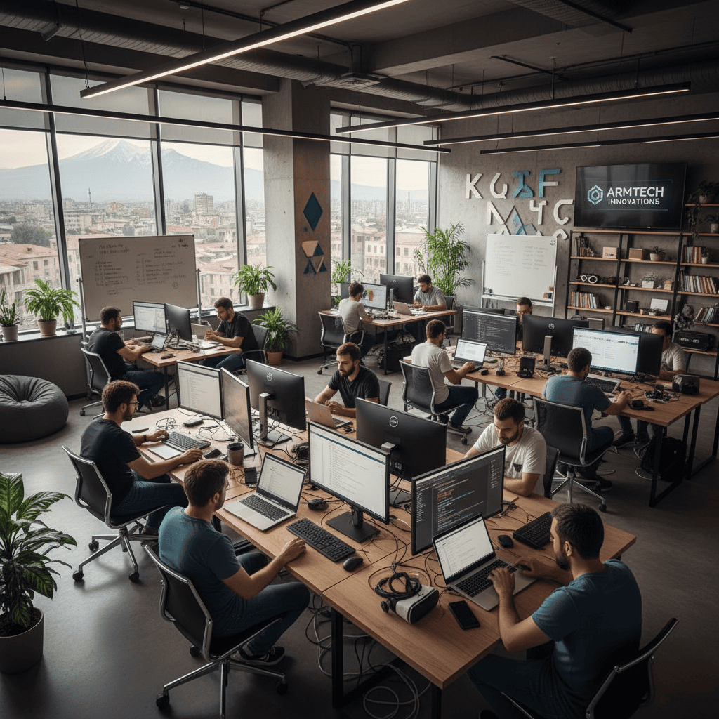 A modern tech office in Armenia with programmers working collaboratively on laptops.