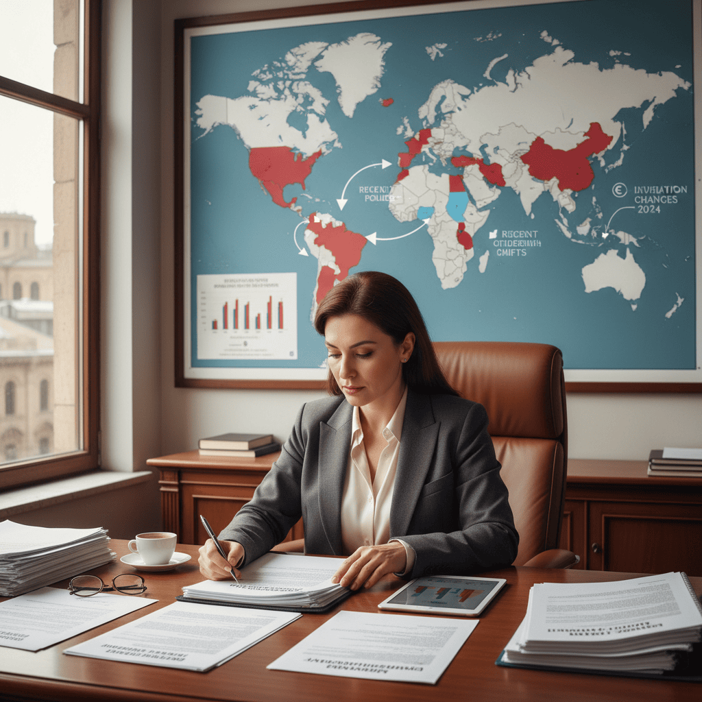 Um profissional jurídico avaliando documentos de residência com mapas da UE ao fundo.