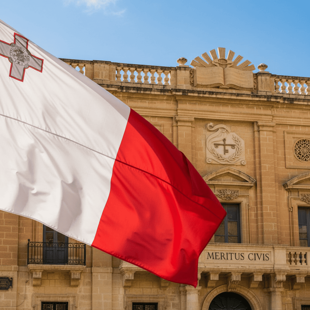 Bandera maltesa ondeando frente a edificios históricos, simbolizando la reforma de la ciudadanía.