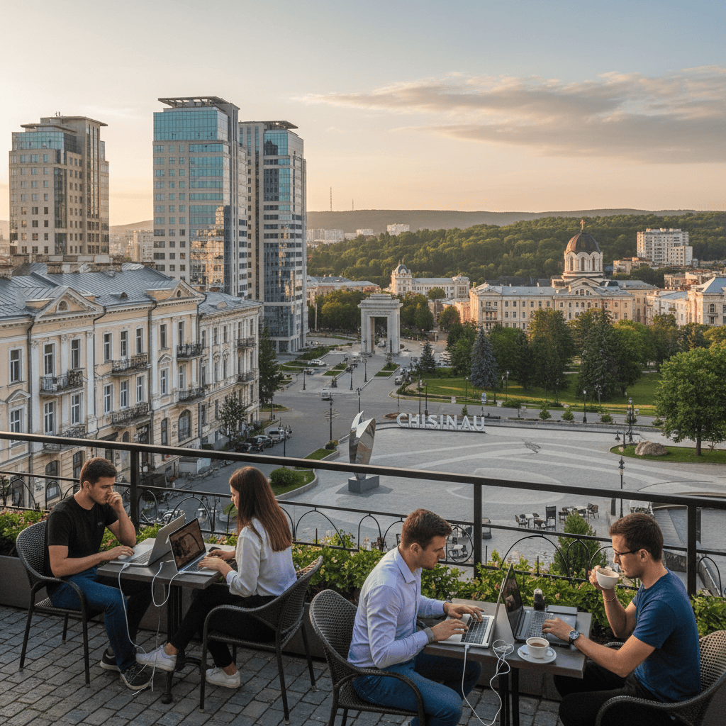 El paisaje urbano de Chisinau muestra una mezcla de arquitectura tradicional y moderna con personas trabajando de forma remota en cafés.