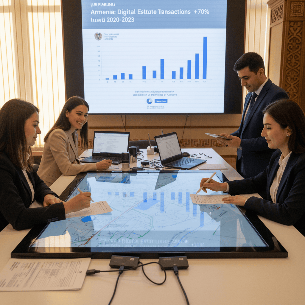 Mostrador de registro con funcionarios tramitando documentos inmobiliarios en Armenia.