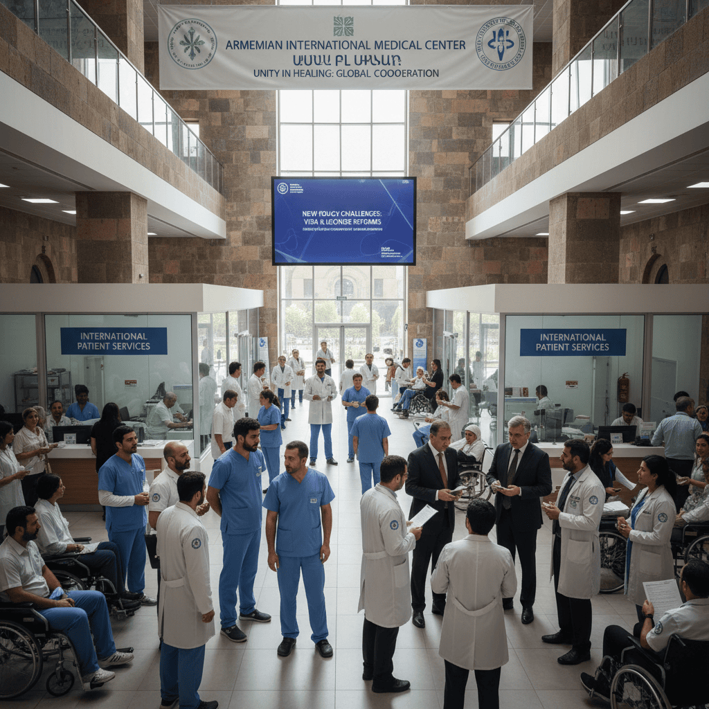 Equipe médica atendendo pacientes em um movimentado centro de saúde na Armênia.
