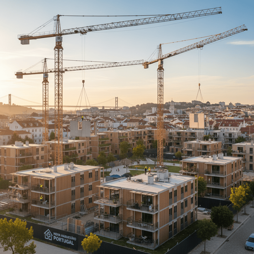 Cantiere di costruzione di alloggi a prezzi accessibili con gru e operai in un contesto urbano.