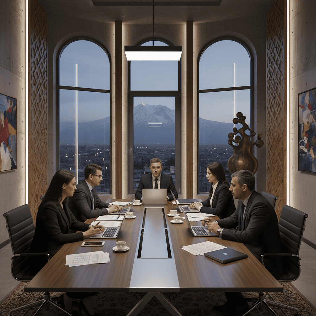 Bei einer professionellen Bürobesprechung werden Steuerstrategien besprochen. Auf einem Tisch liegen Dokumente und Laptops.