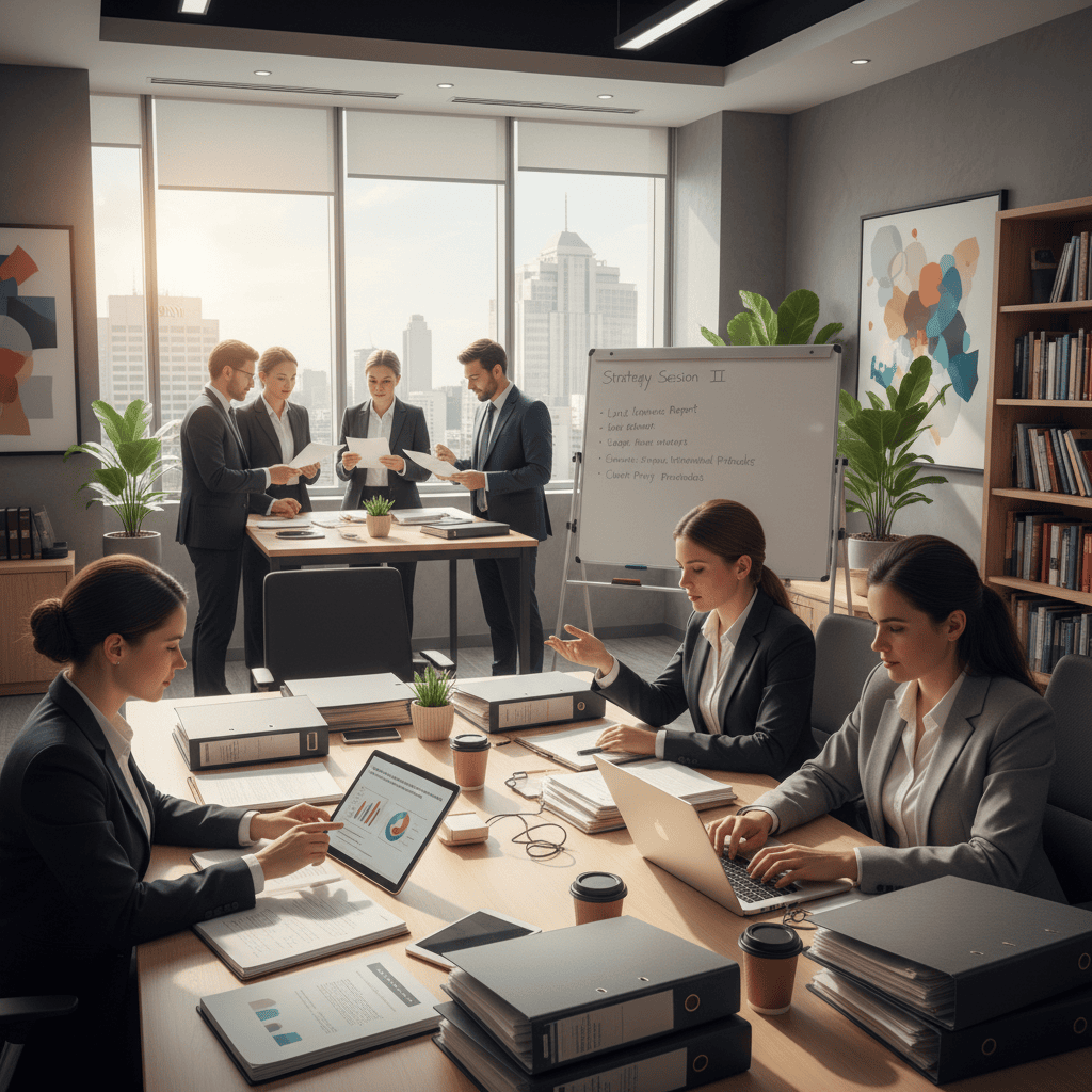 Lawyers discussing citizenship applications in a modern office setting, focused on paperwork.