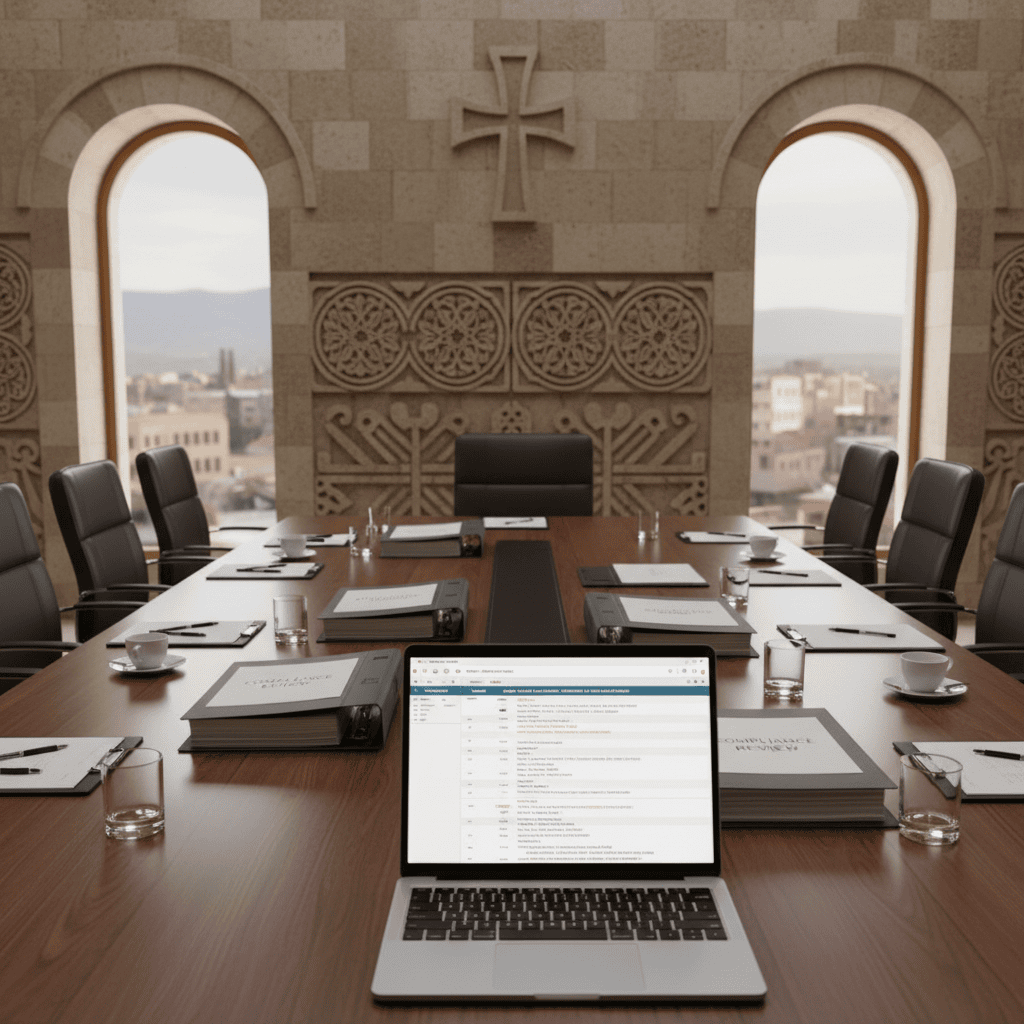 A professional meeting setup with documents, a laptop, and Armenian architectural elements in the background.