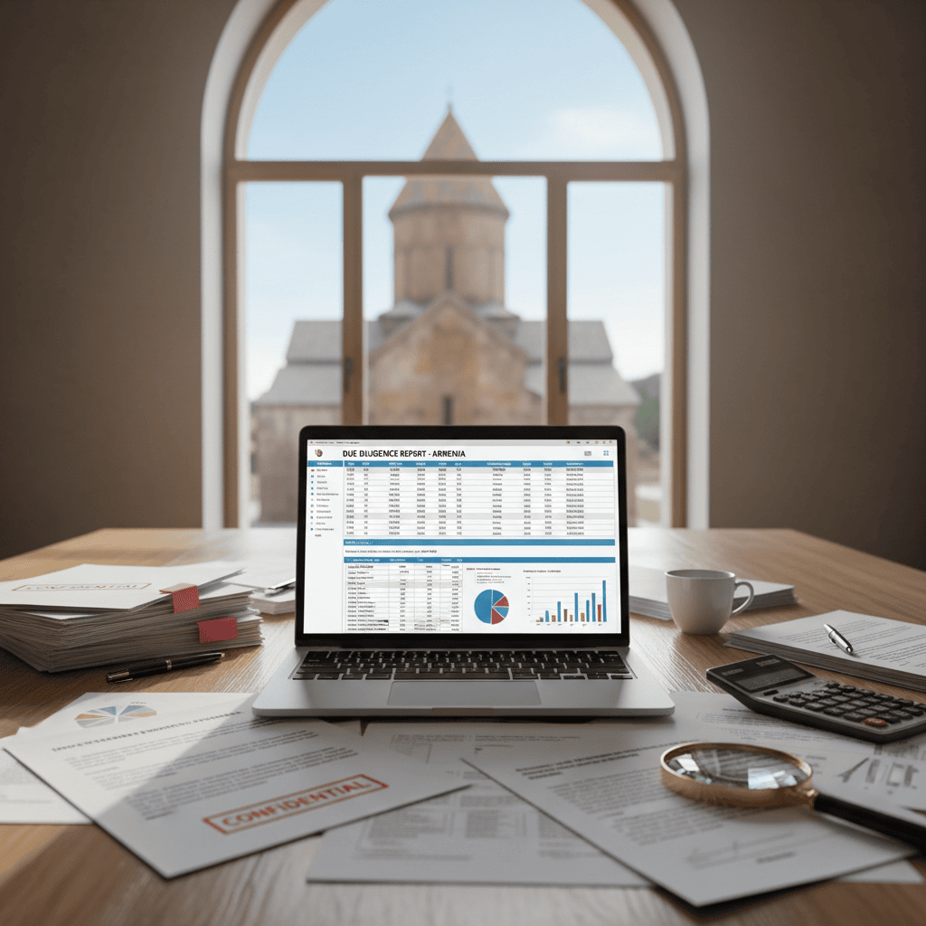 An open laptop surrounded by financial documents on a desk, with Armenians hints in the background.