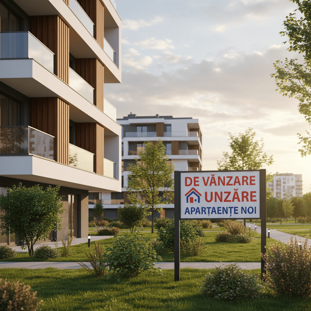 مبنى سكني روماني حديث مع علامة "للبيع" في المقدمة، يقع في منطقة خضراء.