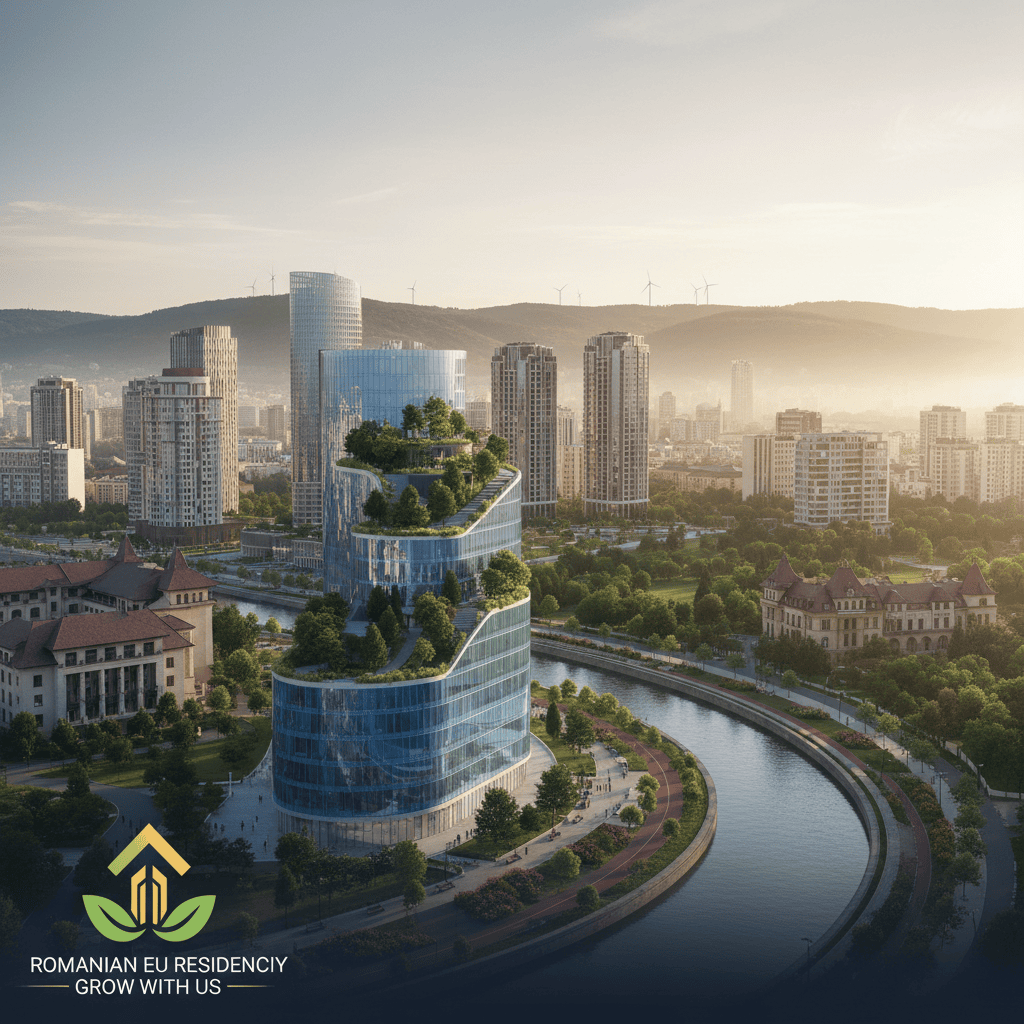Pemandangan kota Rumania dengan bangunan modern dan tanaman hijau di latar depan, memamerkan potensi investasi.