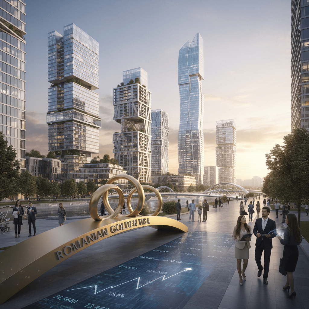 منظر لأفق المباني الحديثة في الحي المالي الروماني، والذي يرمز إلى الاستثمار والإقامة.