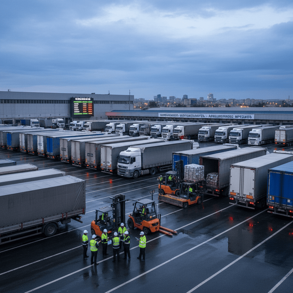 Trucks loaded for transport in a logistics hub, customs officials monitoring.