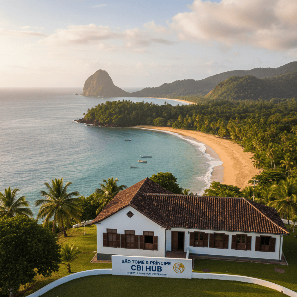 Vista costera de Santo Tomé y Príncipe que incluye arquitectura cultural.