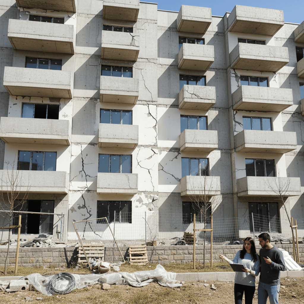 Exterior view of a new residential building showing visible defects and unfinished landscaping.