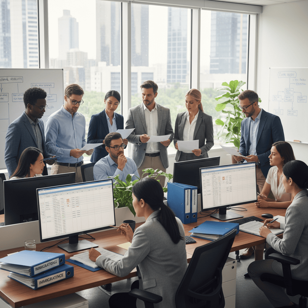 Professionals in an office reviewing immigration compliance documents together.