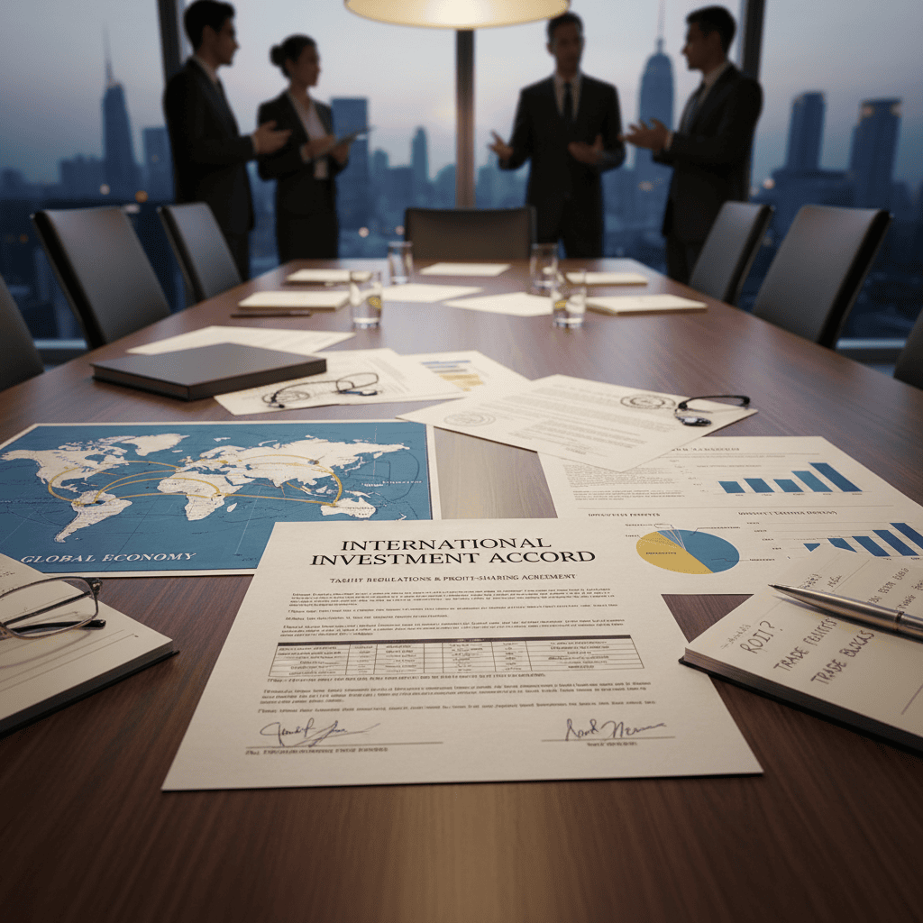 Verhandlungsmaterialien und Wirtschaftskarten in einem modernen Büroumfeld.