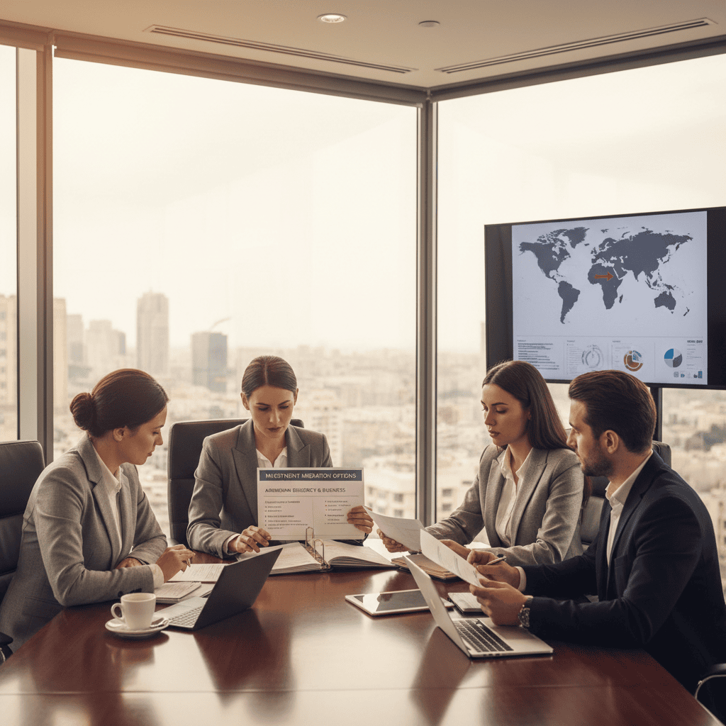 Business meeting discussing investment migration options in a modern office setting.