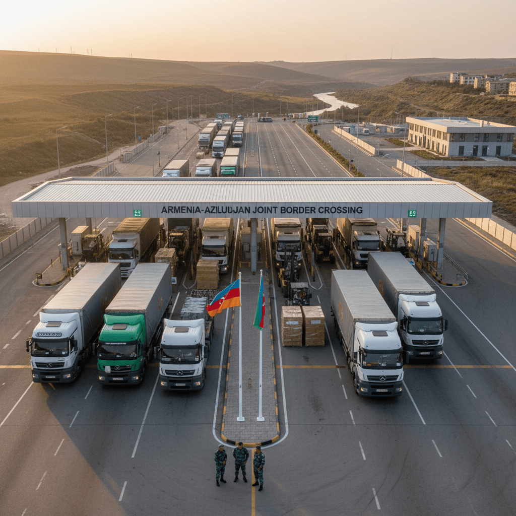 Trucks at an Armenia–Azerbaijan border crossing with customs officers overseeing cargo processing.
