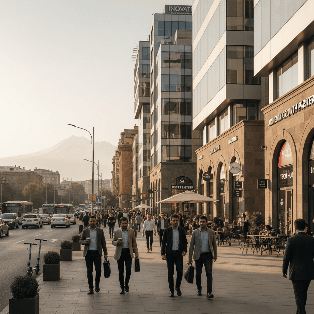 منظر الشارع في يريفان مع المكاتب الحديثة والمحلات التجارية المحلية.