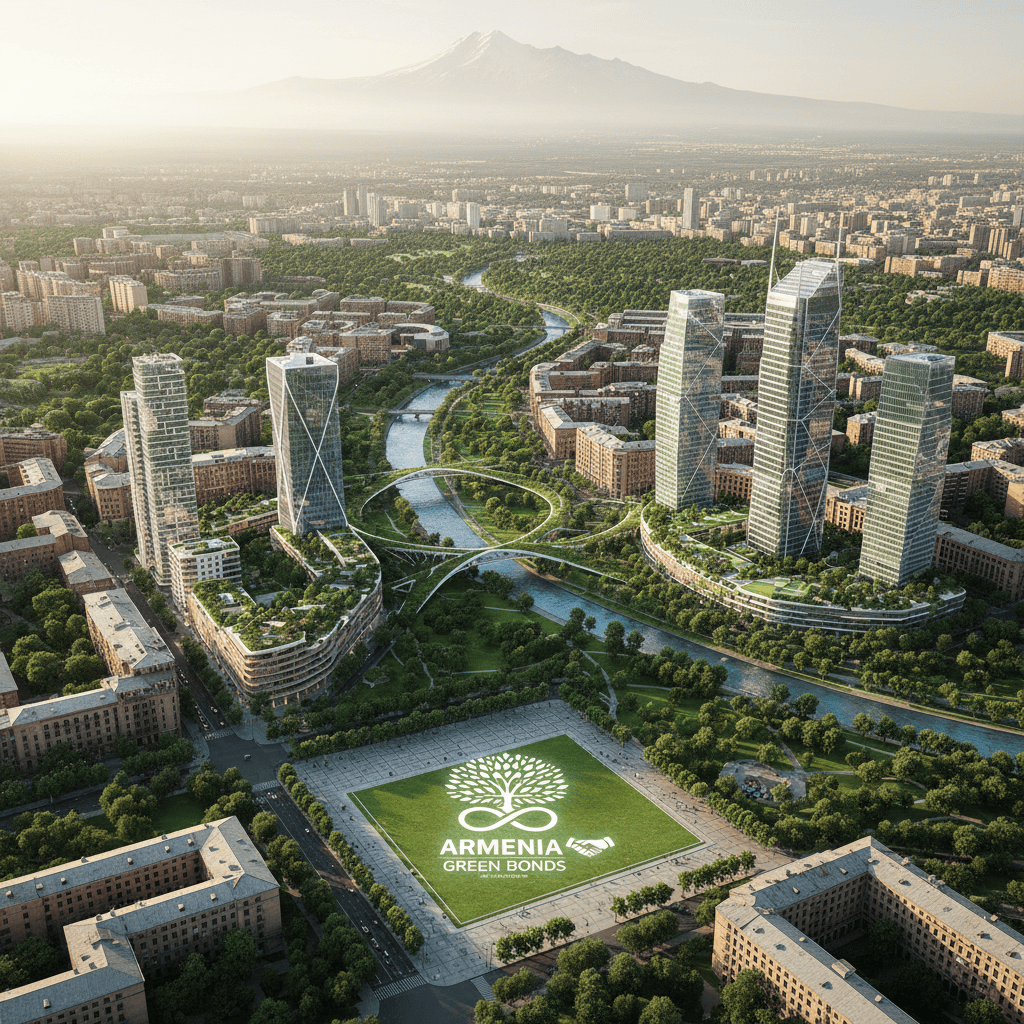 Lugfoto van Jerevan wat stedelike ontwikkeling en groen ruimtes uitlig.