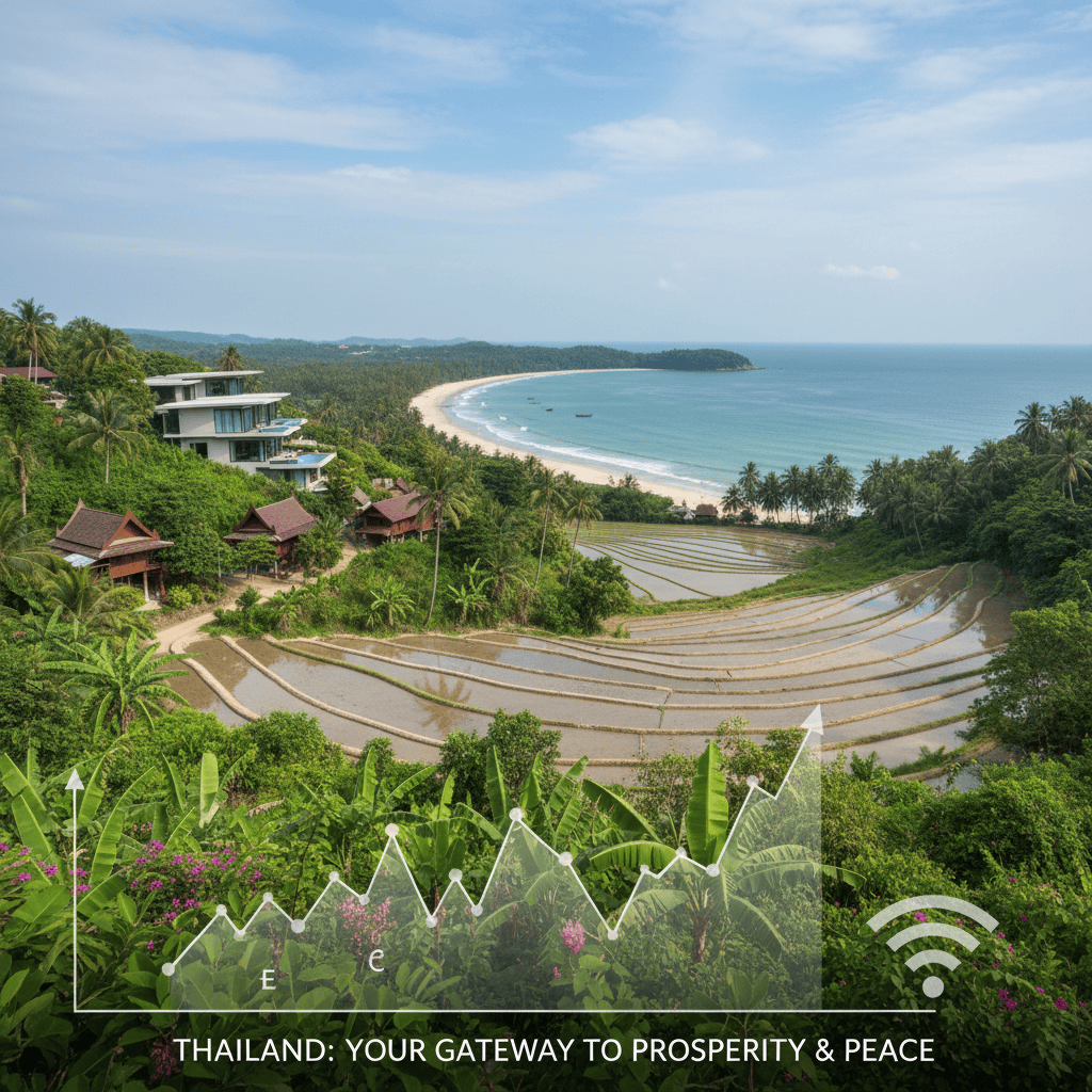 Exuberante paisaje verde de Tailandia con plantas tropicales y una playa lejana.