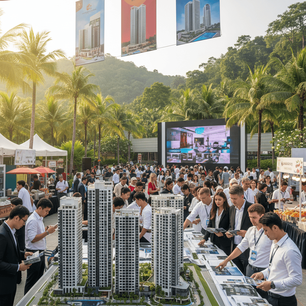 Condominiums modernes avec une végétation luxuriante dans un marché immobilier thaïlandais dynamique.