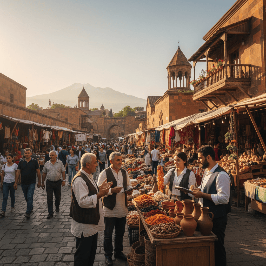Cena de mercado na Armênia com pequenos empresários discutindo estratégias.