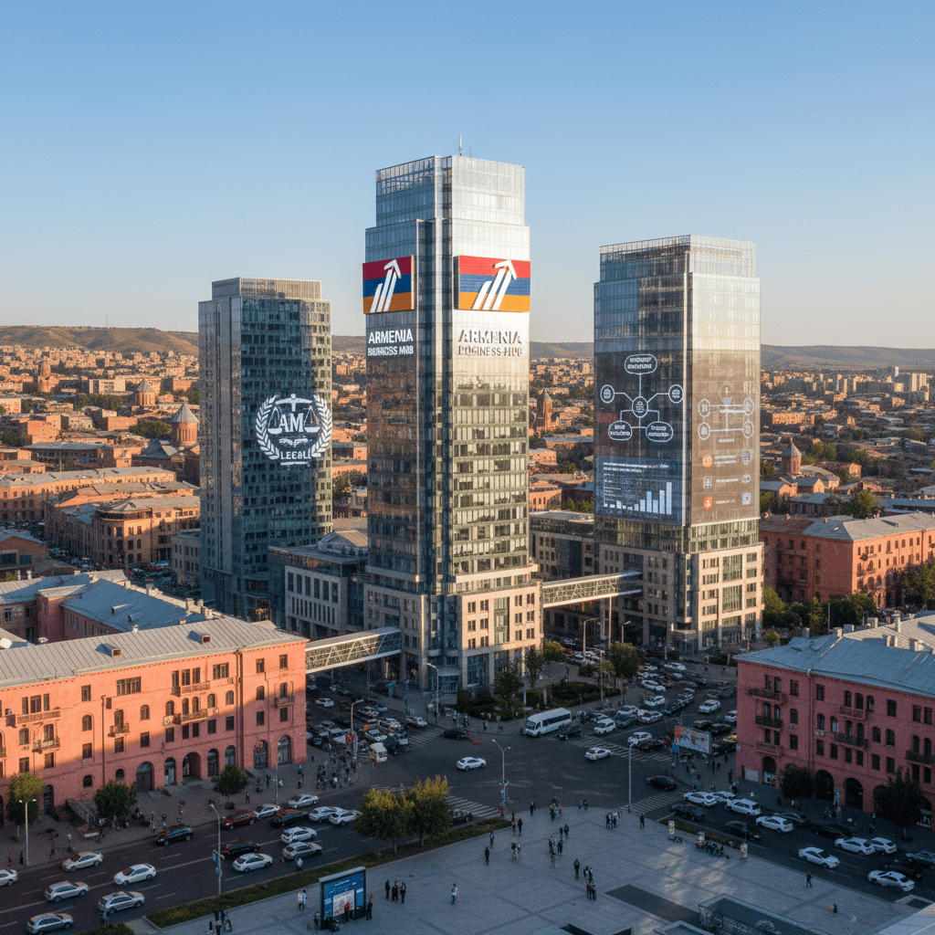 Distrito comercial en Armenia con modernos edificios de oficinas y un cielo despejado.