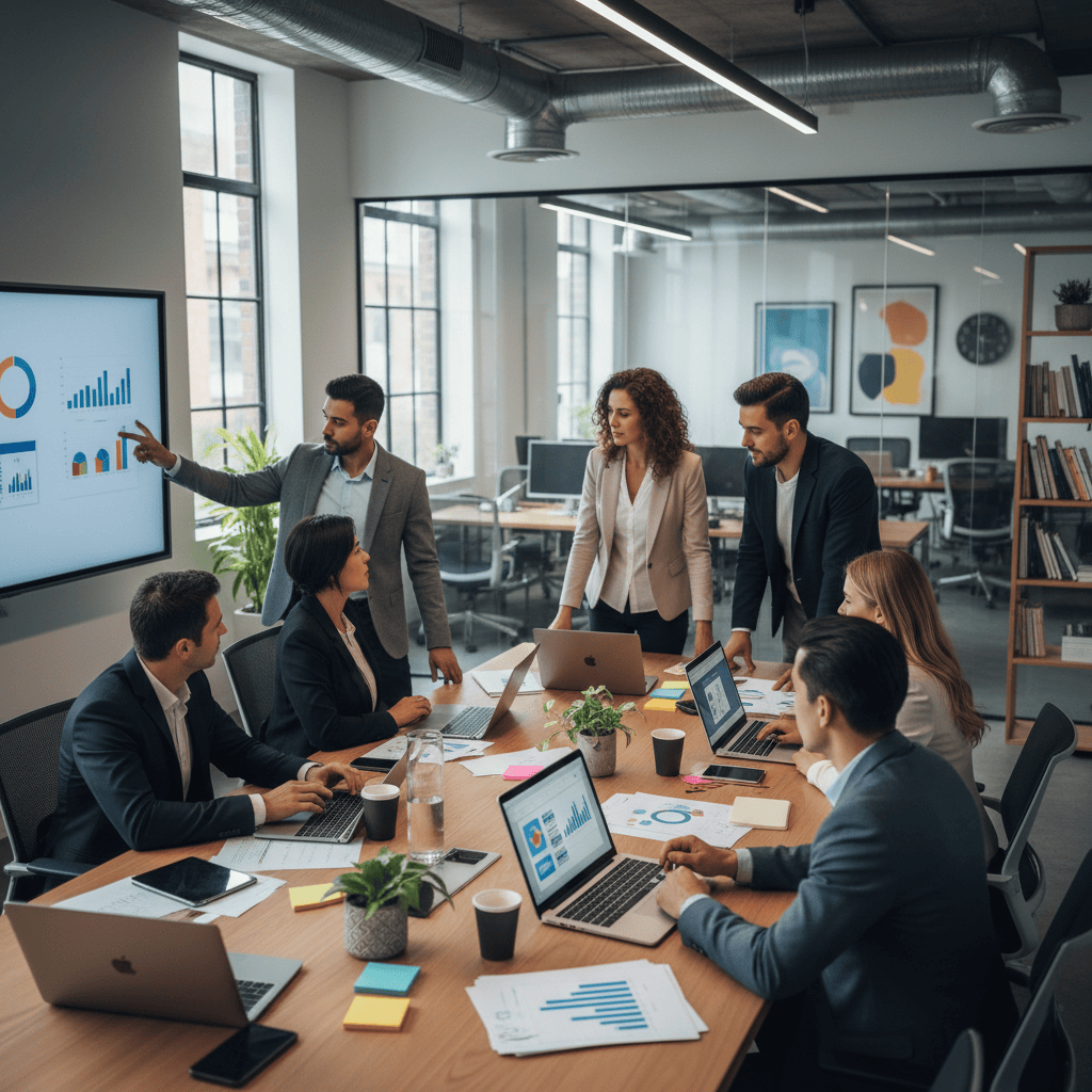 Uma equipe diversificada envolvida em uma discussão em um espaço de trabalho com laptops e documentos.