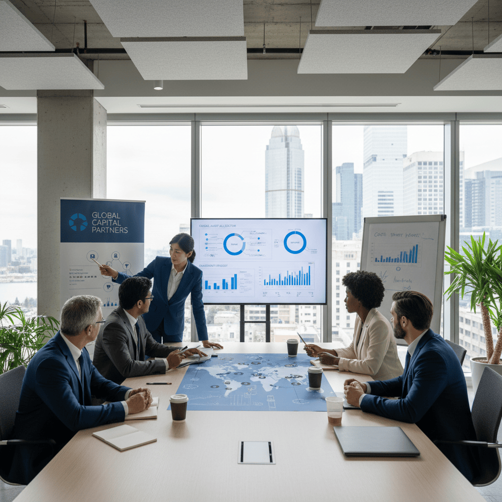 Business professionals collaborating in a modern office space on financial projects.