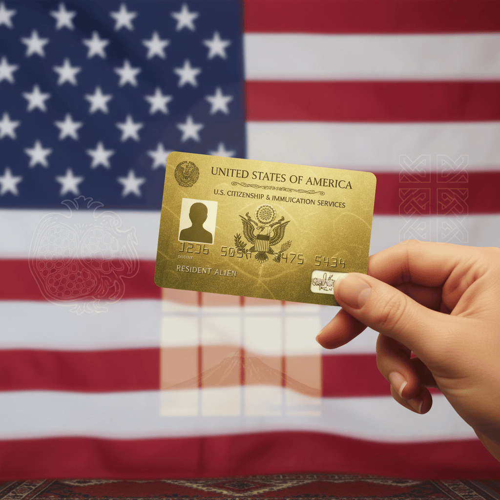 Close-up of a hand holding a gold residency card with a US flag in the background.