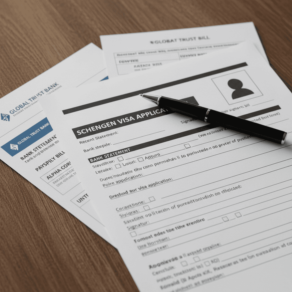 Visa application form and financial documents on a wooden table.
