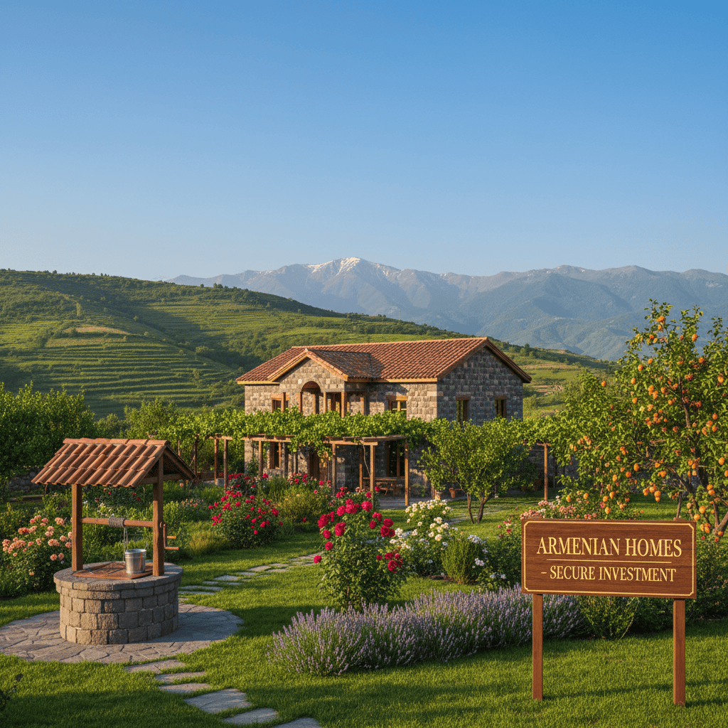 Una casa tradicional armenia con jardín frente a un cielo azul claro.