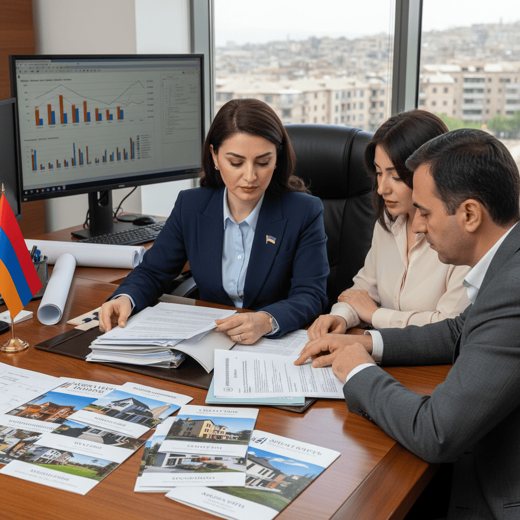 A bank clerk reviewing documents at a desk with real estate brochures.