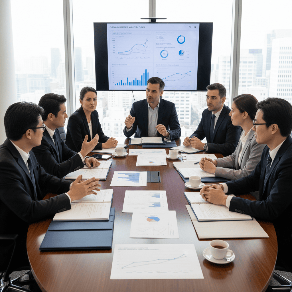 Diverse professionals collaborating over investment migration documents.